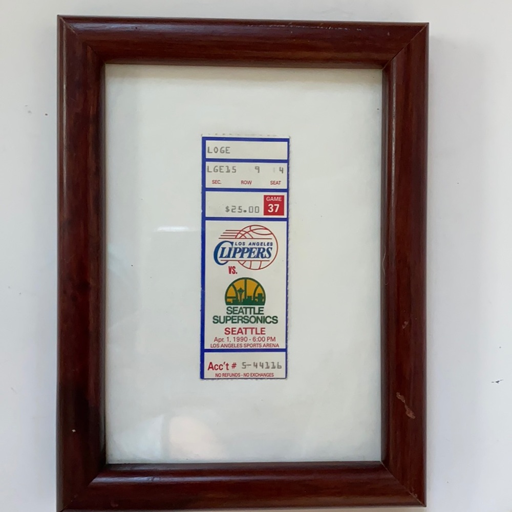 Framed LA Clippers/Seattle SuperSonics ticket 1990